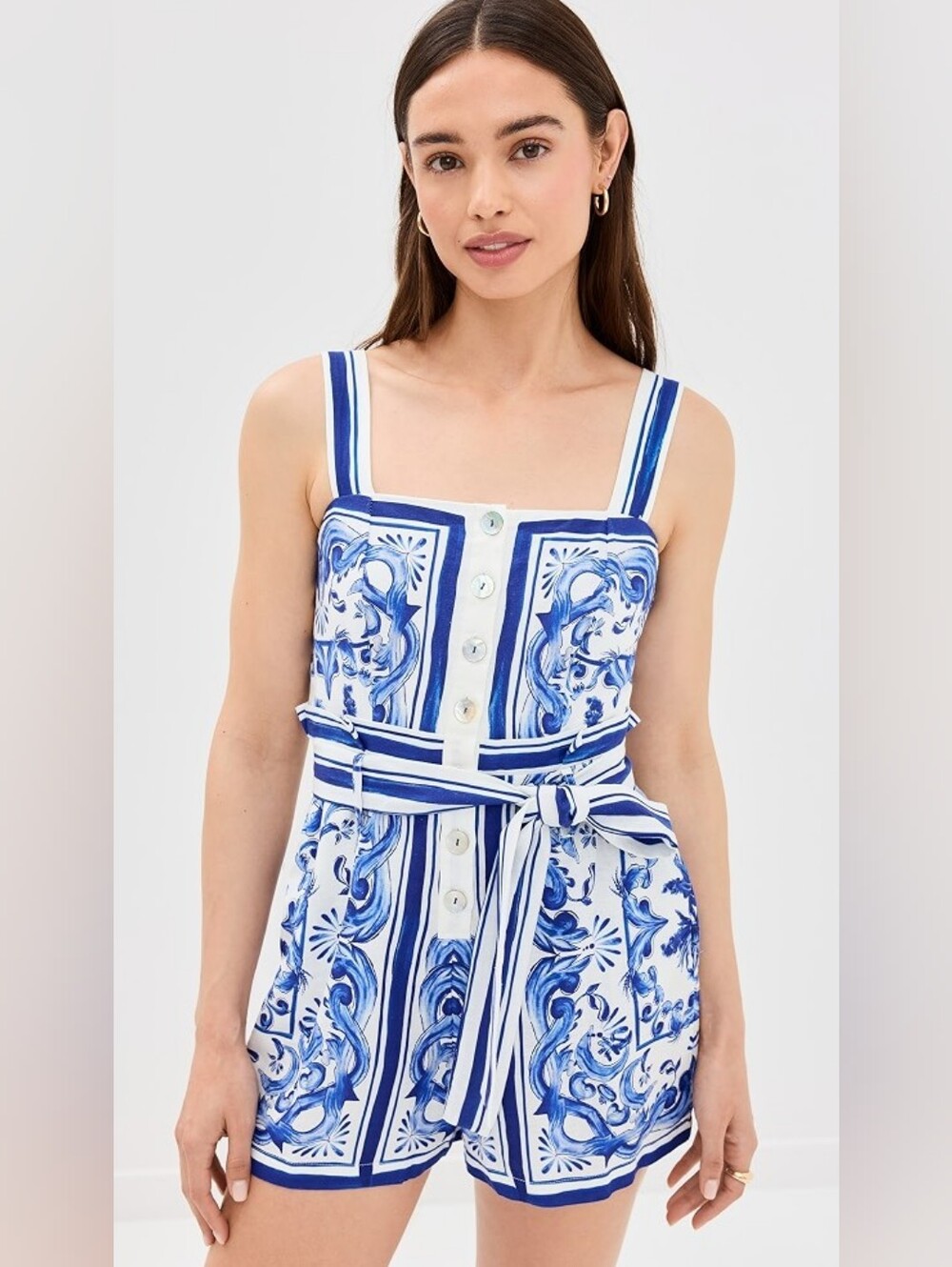 Blue and White Printed Romper with Belt